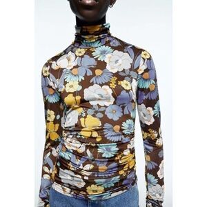 ZARA NWT High Neckline Floral Print Multicolored Top Blouse SMALL